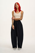 Freddie - Barrel Leg Cotton & Linen Trousers in Black