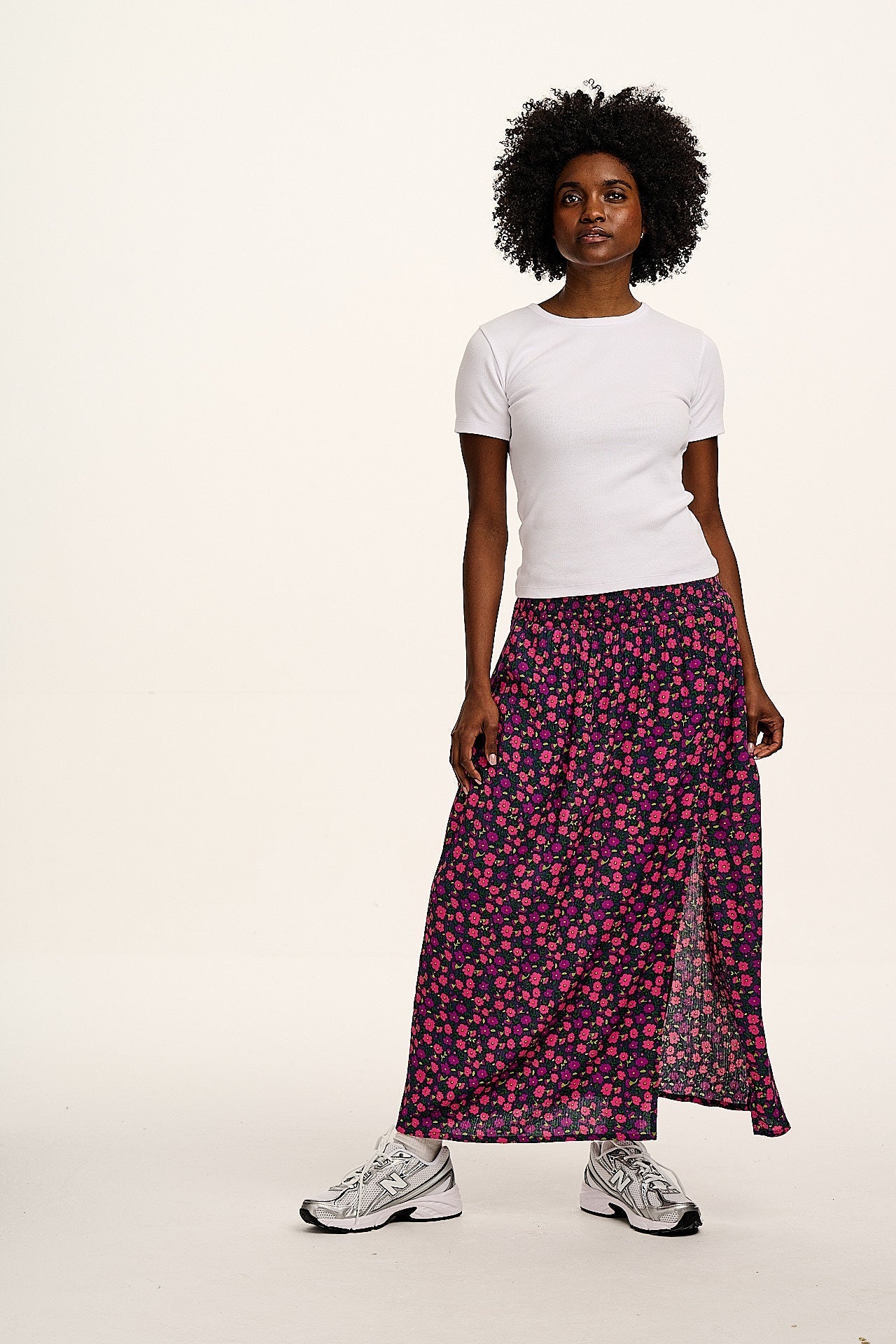 Poppy - Elasticated Waist Skirt in Purple Ditsy Floral Print