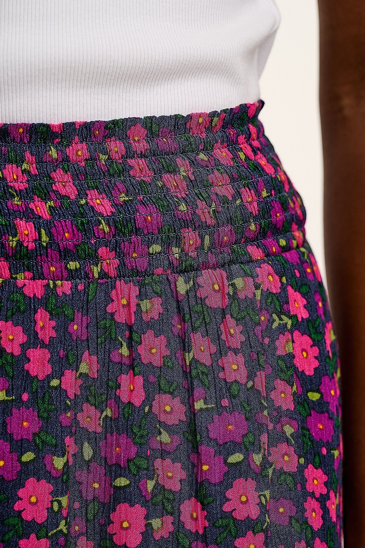 Poppy - Elasticated Waist Skirt in Purple Ditsy Floral Print