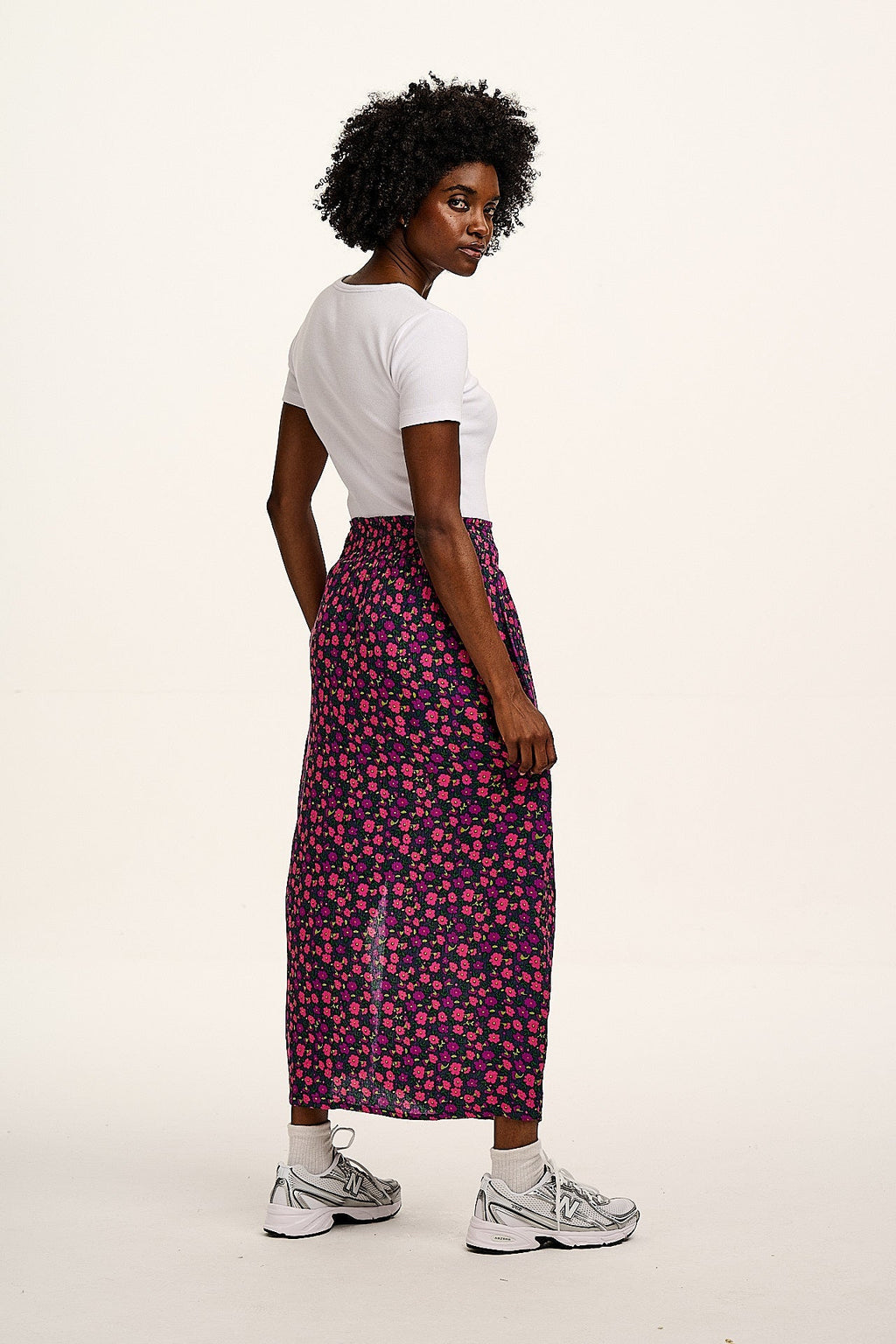 Poppy - Elasticated Waist Skirt in Purple Ditsy Floral Print