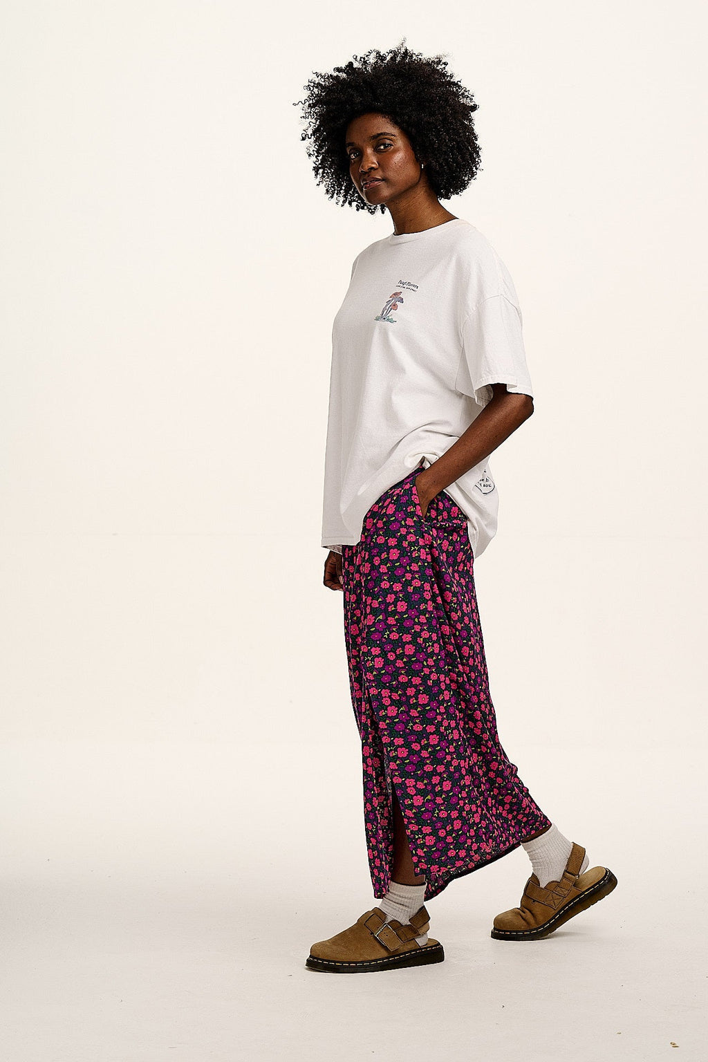 Poppy - Elasticated Waist Skirt in Purple Ditsy Floral Print