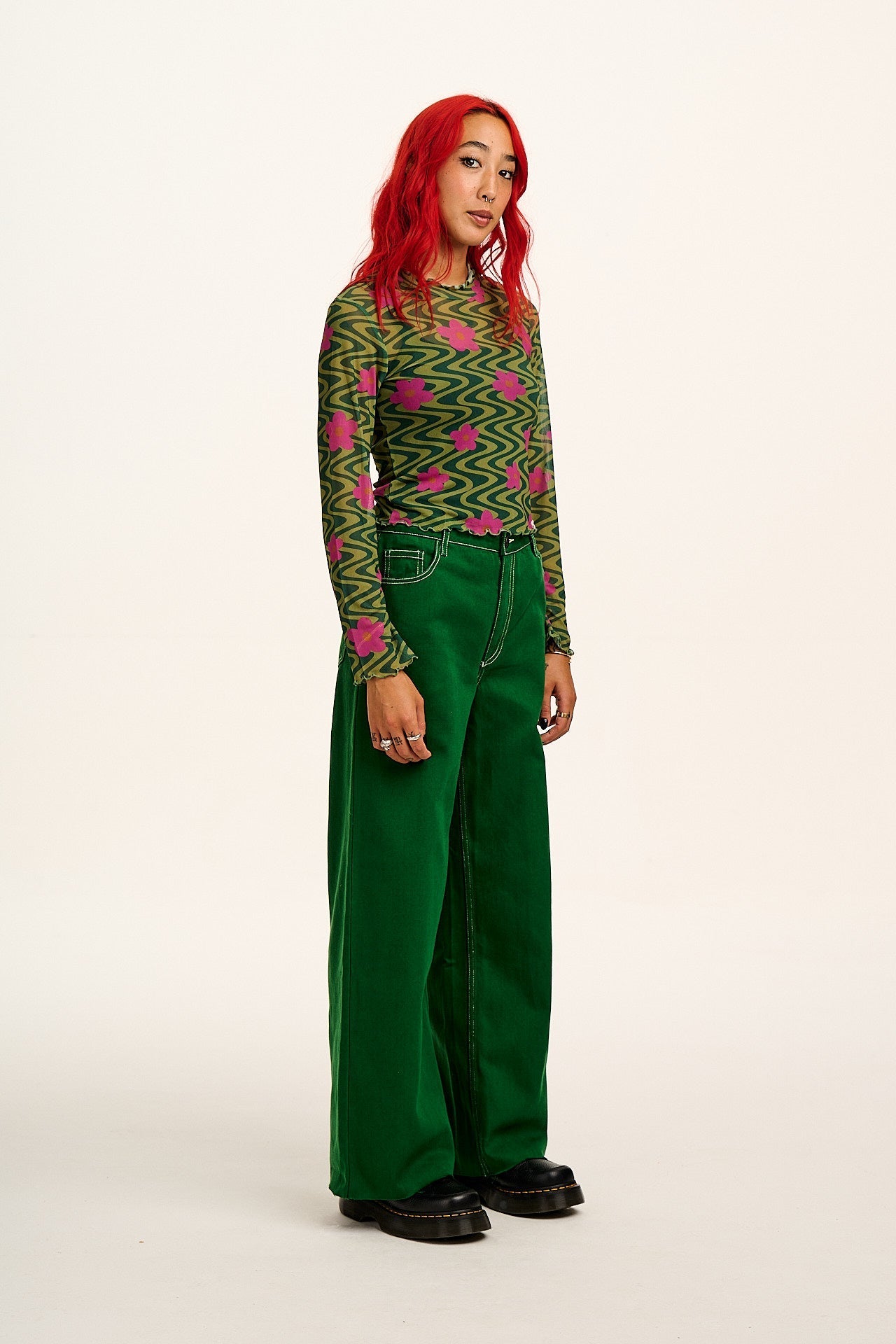 Carter - High Waisted Jeans in Green Contrast Stitch