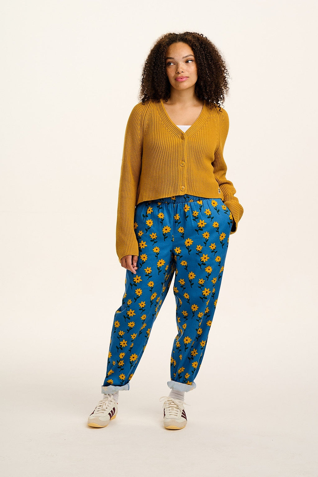 Alexa - Cotton Trousers in Blue Sunflowers Print