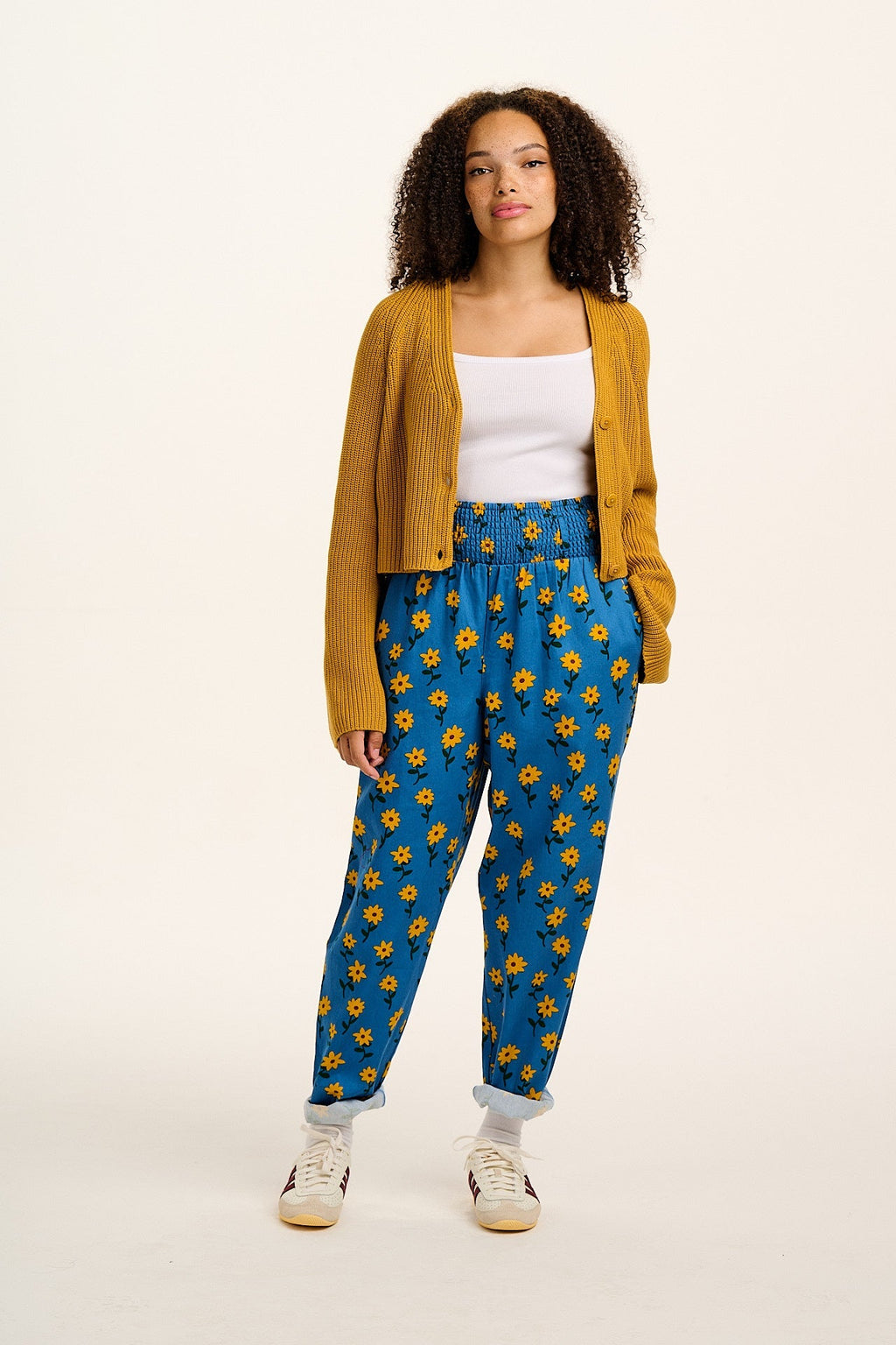 Alexa - Cotton Trousers in Blue Sunflowers Print