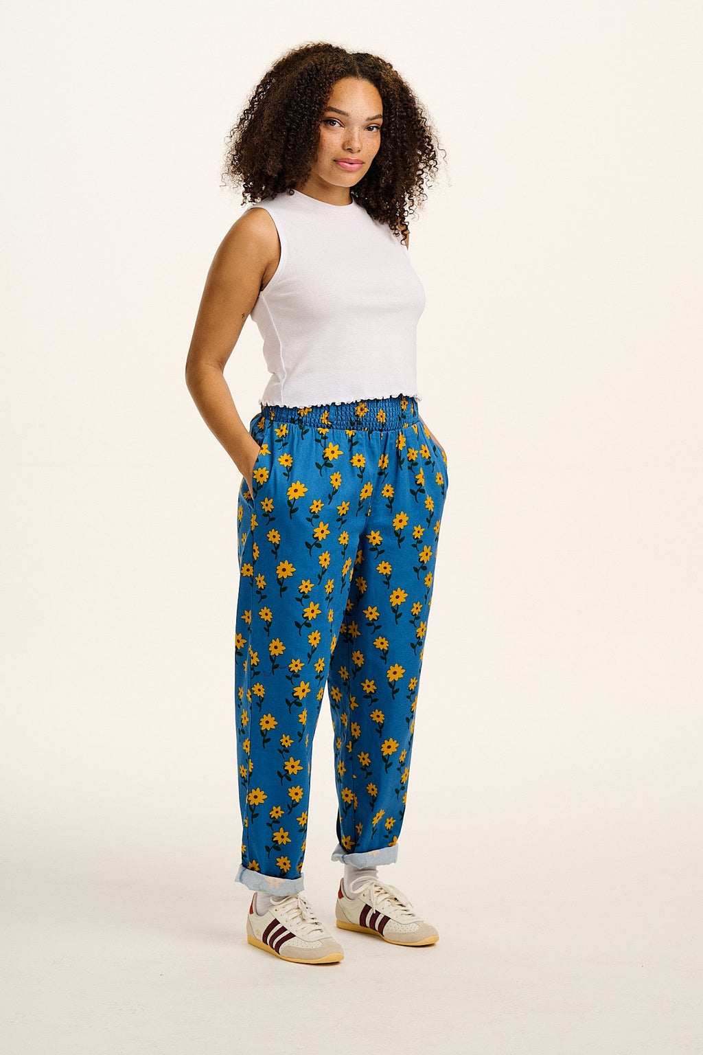 Alexa - Cotton Trousers in Blue Sunflowers Print